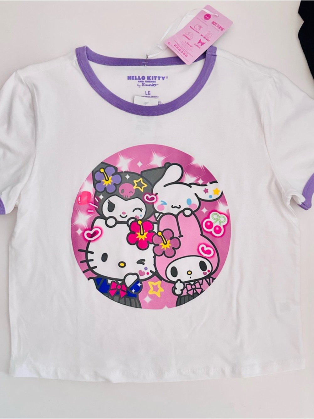 Hello Kitty White Crop Tee with Purple Trim and Pink Character Graphic